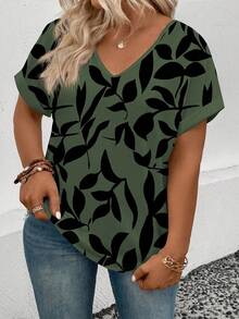 EMERY ROSE Women's Autumn/Winter New Arrival Hot Selling Leaf Silhouette Print V-Neck Casual Plus Size T-Shirt - Multicolor - View 5