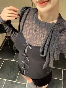 DAZY 蕾丝拼接蝴蝶结装饰二合一女式T恤 - 灰色 - 查看 3