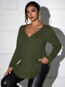 Femmeverse Áo thun tay dài cổ chữ V trơn cỡ lớn cho mùa xuân - xanh quân đội - Xem 6