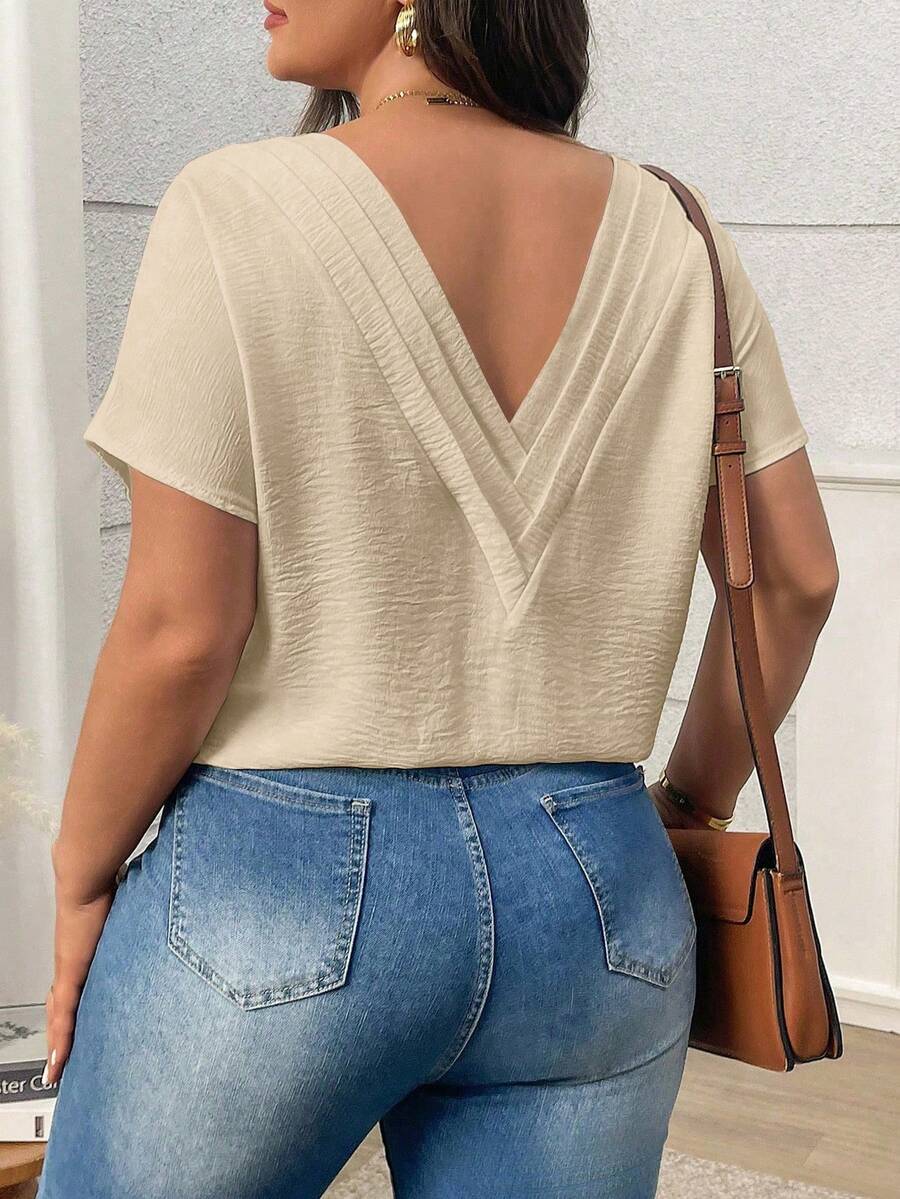 EMERY ROSE Plus Size Women Backless Woven Casual Crop Top, Summer - Apricot - View 1