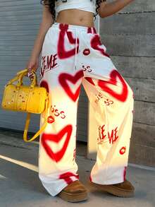 Rovax Women's Letter & Heart Print Drawstring Waist Wide Leg Casual Sweatpants