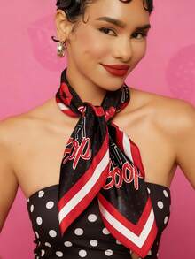 Betty Boop x SHEIN Fashion Lady Black Smooth Soft Square Scarf, Suitable For Gifts Outdoor Travel Photography Style Matching,Gift Ideas,Party,Holiday,Valentine's Day - Multicolor - View 3