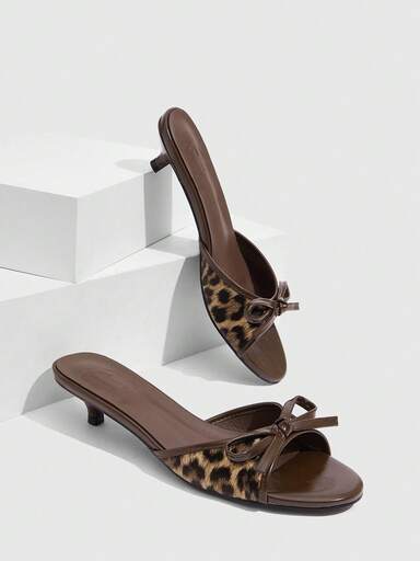 CUCCOO SZL Women's Fashionable & Elegant Commuter Leopard Print Bow Decor Heeled Sandals For Christmas