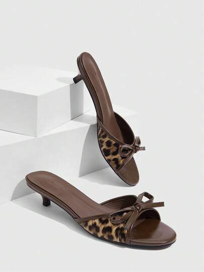 CUCCOO SZL Sandalias de tacón con decoración de lazo y estampado de leopardo, elegantes y de moda para uso diario
