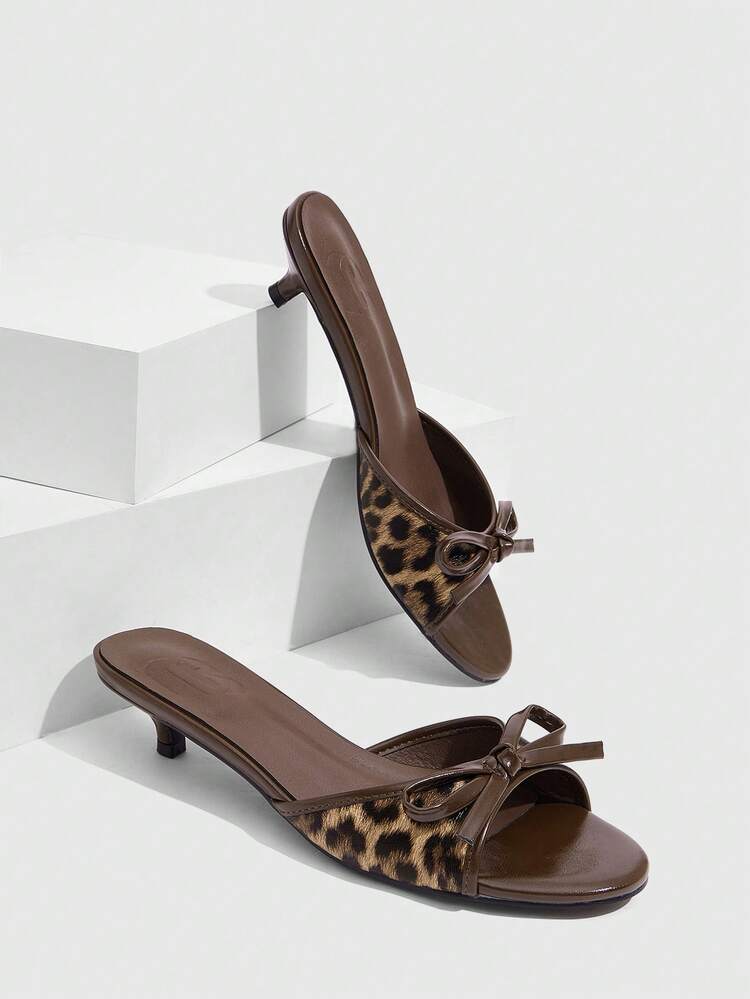 CUCCOO SZL Women's Fashionable & Elegant Commuter Leopard Print Bow Decor Heeled Sandals For Christmas Valentine's Day Spring Shoes Prom Heels Summer Shoes