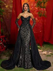 Glamrae Robe élégante, luxueuse et sexy avec épaules dénudées, décoration en dentelle française, structure en arête de poisson, ourlet en queue de poisson avec accent pailleté. Convient pour les bals, les événements d'affaires, les fêtes privées, les anniversaires, les vacances, les mariages et autres occasions formelles. - Noir - Voir 5