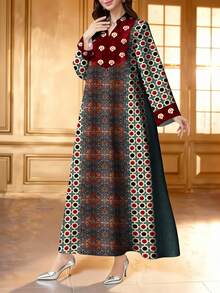 SHEIN Najma Women's Islamic Pattern & Floral Digital Print V-Neck Long Sleeve Elegant Arabic Robe, Spring/Autumn Kaftan Jalabiya Dress - Multicolor - View 3