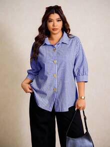 Elaquor 大码女式条纹七分袖金属单排扣休闲衬衫 - 藍白色 - 查看 7