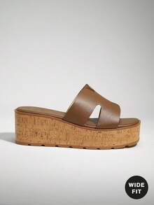 SHUZIA Wide Width Women's Harness Cut Out Square Toe Cork Platform Minimalist Palm Print Pu Dark Olive Slides– Timeless, Stylish & Comfortable For Christmas Valentine's Day - Olive Green - View 5