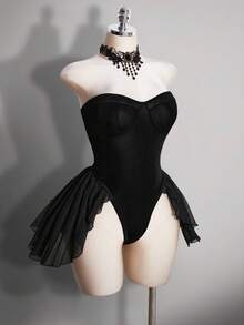 SHEIN ICON Plus Size Retro Y2K Velvet Sexy Strapless Ruffle Hem Bodysuit, Butterfly Angel, Sexy Date Outfit - Black - View 5