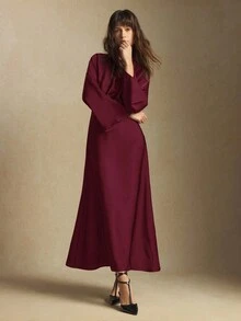 BizChic Đầm dạ hội màu đỏ tía, kiểu dáng mới, màu đỏ rượu vang, thắt eo, xếp ly, tay áo, cổ tròn, có khóa kéo ẩn phía sau, thanh lịch và sang trọng, thích hợp cho tiệc tùng, công sở, đi làm, hẹn hò, tụ họp, hòa nhạc, ăn trưa, du lịch và kỳ nghỉ hè. - Màu Đỏ Sâu - Xem 6