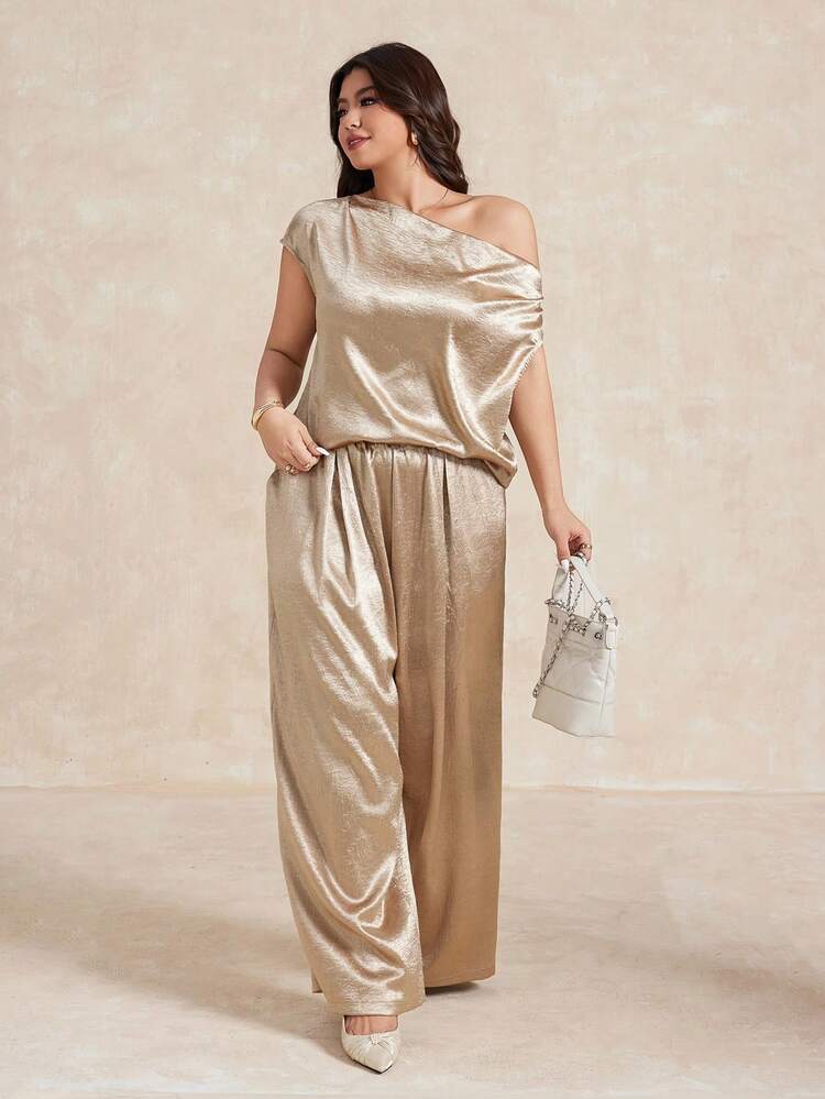 Dazy Plus Elegant Off-Shoulder Loose Fit Long Top & Wide Leg Pants 2 Pieces Set, Plus Size, Spring/Summer