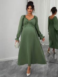 SHEIN V-Neck Long Sleeve Ruffle Trim Tie Front Maternity Dress - Apricot - View 1