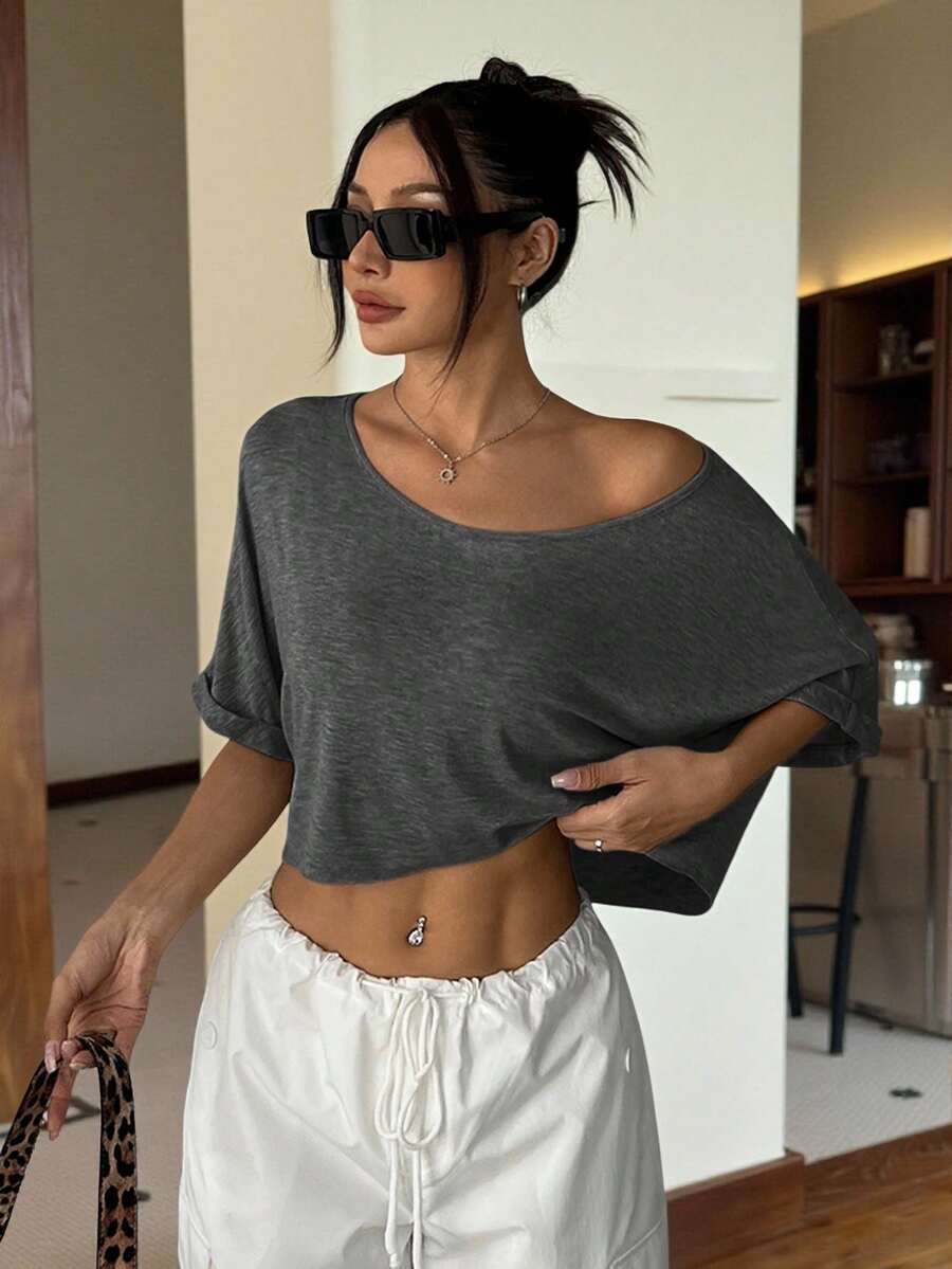 Muchica 1pc Women's Charcoal Gray Knitted Oversized Batwing Sleeve T-Shirt