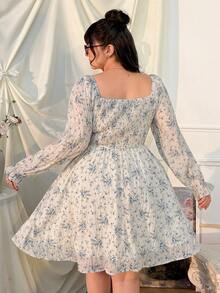 CovetEZ 大码女式碎花蝴蝶结装饰喇叭袖时尚连衣裙 - 淺藍色 - 查看 2