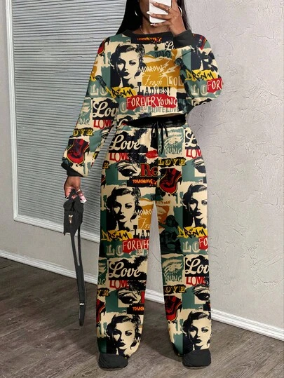 Slaydiva Conjunto informal de sudadera y pantalón de chándal de cuello redondo, manga larga y corto, con estampado de letras inglesas en collage de póster, adecuado para otoño/invierno, para uso casual, vintage, moderno, deportivo, callejero, reuniones, fiestas, aeropuerto