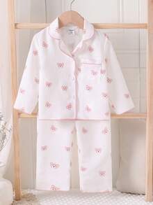 Baby Girls Pajamas-2 Pieces Pajama Set Pink Bear Print Long Sleeve Button Front Collar Top Elastic Waist Long Pants Soft Cozy Lightweight All Season Holiday 2026 Essential Nightwear Bedtime Gift For Infants Toddlers - Multicolor - View 4