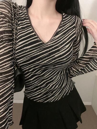 DAZY 女士V领斑马纹长袖修身休闲T恤
