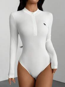 SHEIN PETITE 2pcs Women Casual Stand Collar Half Zip Front Skinny Bodysuit Set, Ribbed Fabric, Riding Horse Logo Print Autumn And Winter - Multicolor - View 6