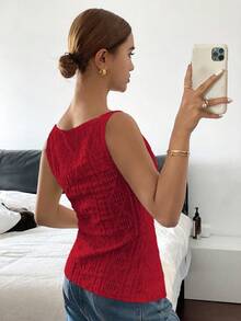 SHEIN PETITE CURVE 大码夏季简约纯色纹理前扣方领背心 - 紅色 - 查看 2