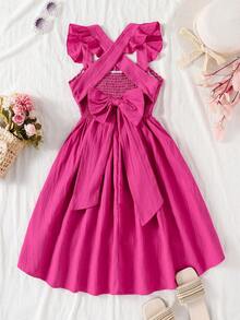 少女休闲优雅学院风连衣裙，绿色无袖褶皱A字裙，带蝴蝶结和交叉后背绑带，适合外出、度假、上学、春夏穿着。 - 玫紅色 - 查看 2