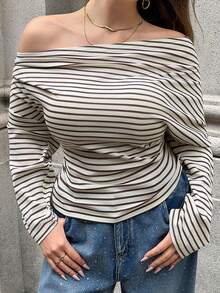 SHEIN EZwear Áo thun kẻ sọc cỡ lớn, thường ngày khi đi làm, hẹn hò và đi chơi, Thu/Đông - Nhiều màu - Xem 1