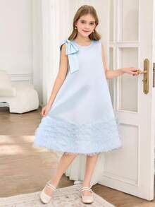 A Girl's Ruffled Sleeveless A-Line Dress With A Tie Bow, Suitable For Parties, Elegant And Casual. A Girl's Bow Collar Ruffled Sleeveless A-Line Chiffon Dress - Baby Blue - View 4