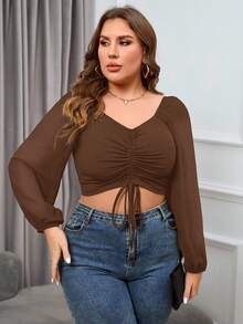 SHEIN Essnce Áo croptop tay lỡ lệch vai màu trơn thời trang cỡ lớn cho nữ, thời trang, có dây rút - màu nâu - Xem 3