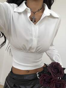Coolane Blusas e camisas brancas femininas para outono/inverno, estilo gótico chique Y2K, preppy, casual, minimalistas, elásticas e confortáveis, com botões, lapela e cintura marcada. - Branco - Ver 2