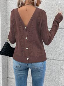 SHEIN LUNE Women's Casual Solid Color V-Neck Hollow Out Knitted Oversized Sweater, Autumn/Winter - Chocolate Brown - View 6