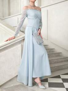 SHEIN Elenzya 新款春夏女士优雅雪纺蕾丝拼接浅蓝色长裙，饰有水钻，奢华派对、情人节、约会、聚会、节日、新年、婚礼、伴娘礼服 - 藍色 - 查看 2