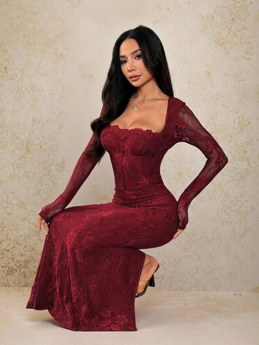 SHEIN PETITE 女式新款夏季派对约会晚会性感S型蕾丝长袖胸罩鱼骨方领紧身黑色长裙 - 酒紅色 - 查看 1