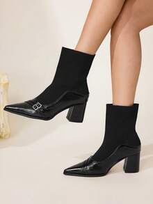 CUCCOO CHICEST Women's Pointed Toe Buckle Design Fashion Daily Wear High Heel Mid-Calf Boots - Black - View 5