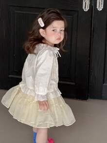 DAZY 女童荷叶边长袖韩版上衣，春秋季 - 白色 - 查看 6