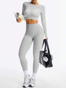 Dewbera 女士豹纹露背长袖T恤和紧身裤灰色和白色无缝运动套装 - 淺灰色 - 查看 2