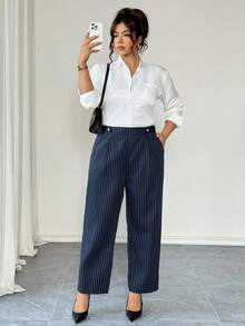 Elenzga Women's Elegant Minimalist Striped Fabric Casual Pants With Pockets, Versatile For Daily Wear, Spring/Autumn - Navy Blue - View 6