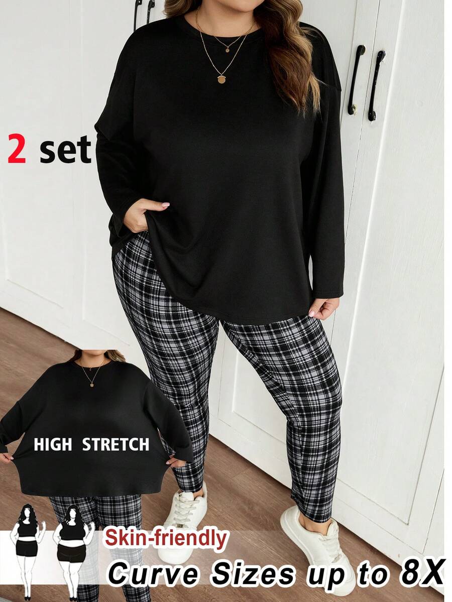 SHEIN CURVE+ 2 件套女士加大码法式返校运动装，简约纹理紧身裤和长袖上衣套装/秋冬 - 彩色 - 查看 1