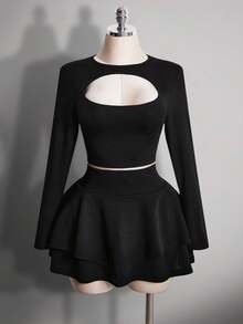 SHEIN ICON 大码女装 Y2K 镂空性感针织上衣，双层蛋糕裙 - 黑色 - 查看 3