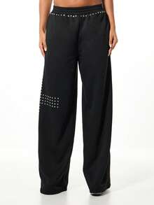 SUMWON WOMEN Pantalones de chándal holgados y de pierna ancha con detalles de cruz con tachuelas, cintura elástica negra, ropa casual de calle, ajuste suelto - Negro - Ver 6