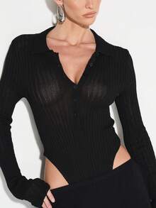 KIZN Ribbed Knit Long Sleeve V-Neck Button Front Bodysuit With Sheer Fabric Details For Fall Winter Layering