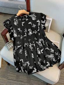 GlowEve CURVE Plus Size Women's Summer New Chinese Style Butterfly, Landscape & Floral Print Double-Layer Flutter Sleeve Design Round Neck Ruffle Hem Loose Comfortable Sweet Chiffon Blouse - Black - View 1