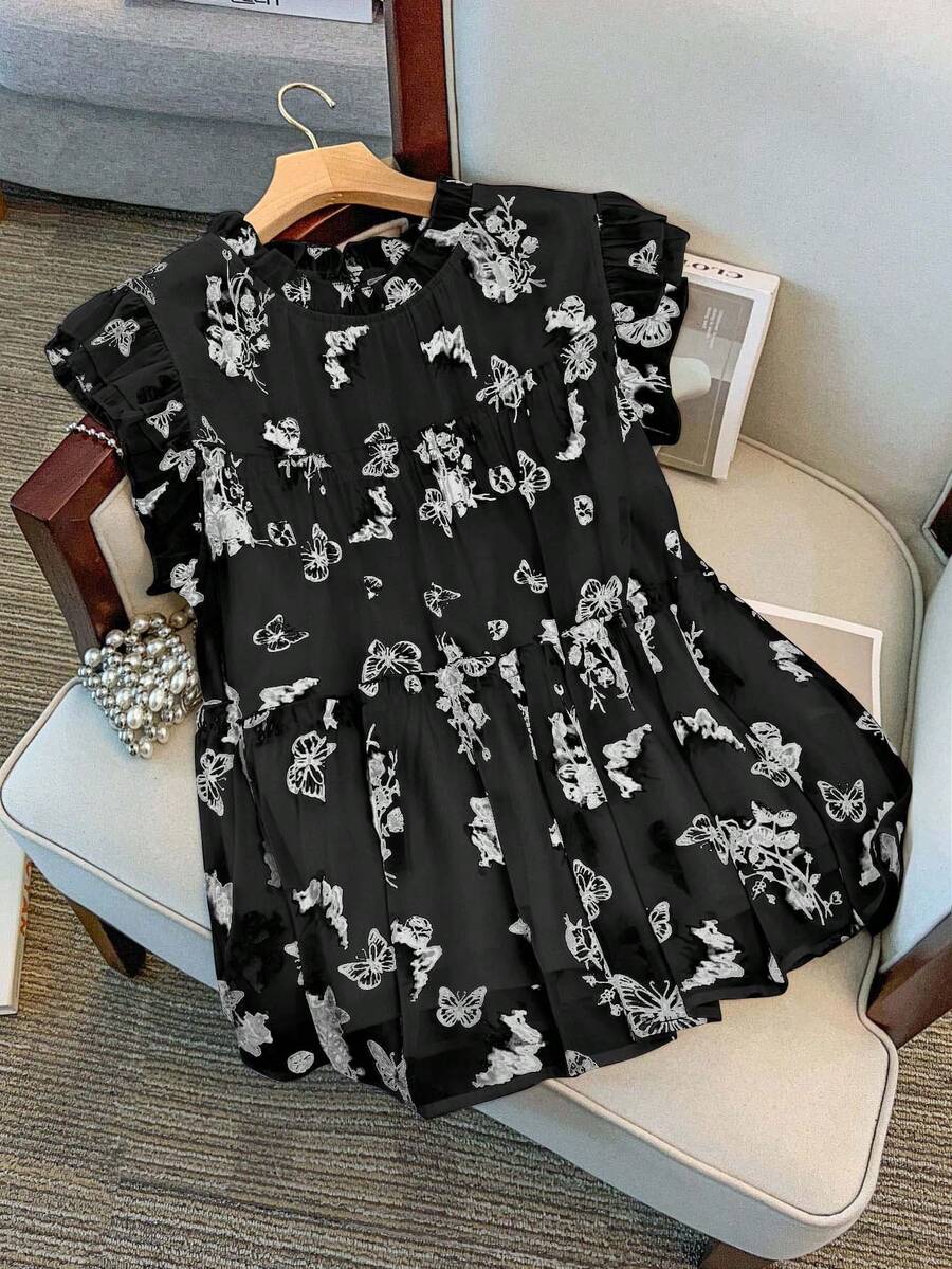 GlowEve CURVE Plus Size Women's Summer New Chinese Style Butterfly, Landscape & Floral Print Double-Layer Flutter Sleeve Design Round Neck Ruffle Hem Loose Comfortable Sweet Chiffon Blouse - Black - View 1