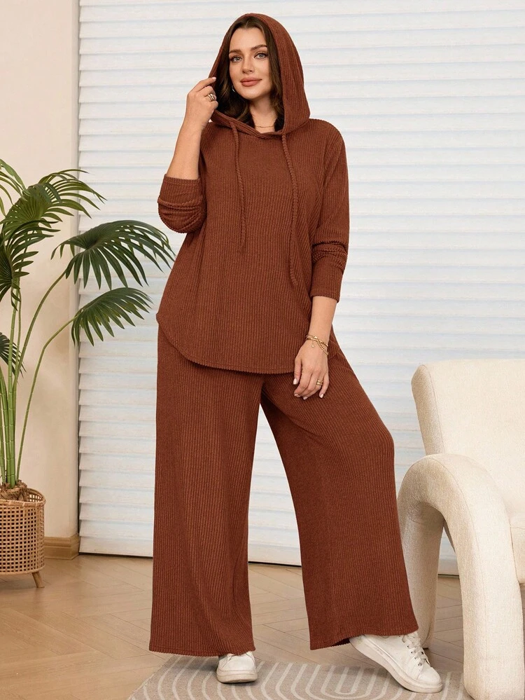 2 piezas Conjunto de sudadera con capucha y pantalones casuales para mujer talla grande con bolsillos, otoño/invierno