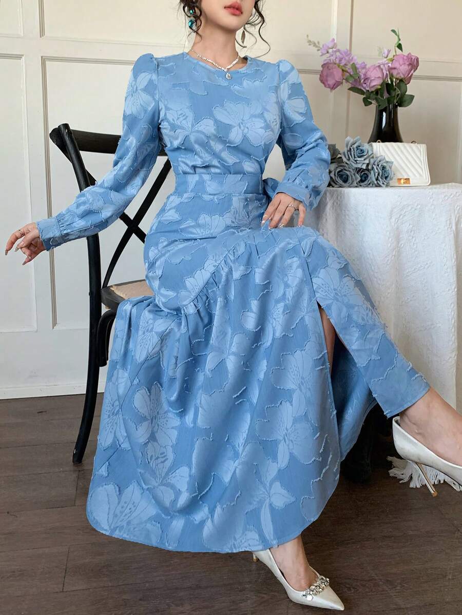 DAZY 女士花卉提花泡泡袖上衣和荷叶边中长裙优雅两件套 - 淺藍色 - 查看 1