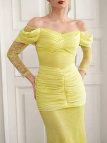 Elenzga Nuevo vestido largo elegante para mujer, vestido de noche ajustado y sexy con diseño calado, vestido de fiesta de manga larga fruncido de moda - Amarillo - Ver 4