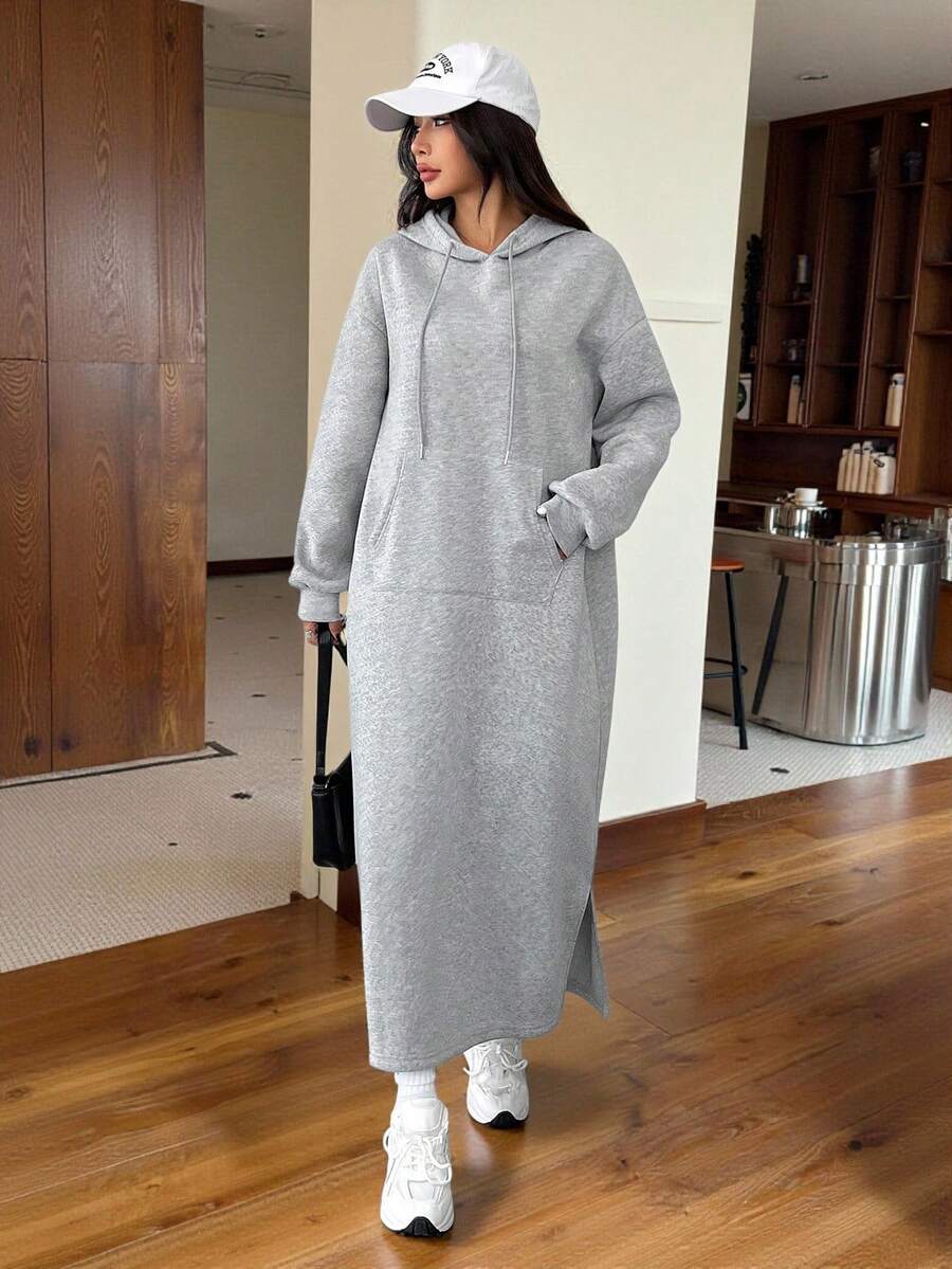 SHEIN EZwear Gray Casual Long Hooded Sweatshirt, Autumn/Winter,Long Sleeve Tops - Grey - View 1