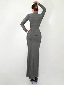 Aloruh Women's Fashionable High Neck Fitted Dress For Commuting - Dark Grey - View 2