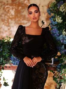 Aureia Elegant, Romantic, Dignified, Luxurious Black Sequin Fabric Satin Patchwork Pleated Decor Dress For Holiday, Vacation, Birthday Party, Wedding, Formal Gala - Black - View 7