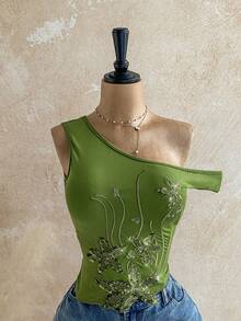 Soleia Áo nữ đính sequin thêu họa tiết, vạt áo bất đối xứng, ôm sát, thích hợp cho tiệc tùng, Giáng sinh, hẹn hò, hộp đêm, phong cách Bohemian, Boho, kỳ nghỉ, mùa thu, áo vintage đi chơi, áo sequin, áo màu xanh lá cây, sang trọng cho nữ, thanh lịch, năm mới. - xanh quân đội - Xem 6