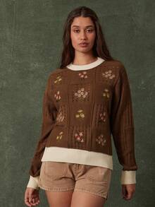 WESTFADE 拼接圆领花卉刺绣混针长袖套头针织毛衣，可爱秋季上衣，休闲波西米亚风，适合乡村西部音乐会、秋季、冬季穿着。 - 杏色 - 查看 4